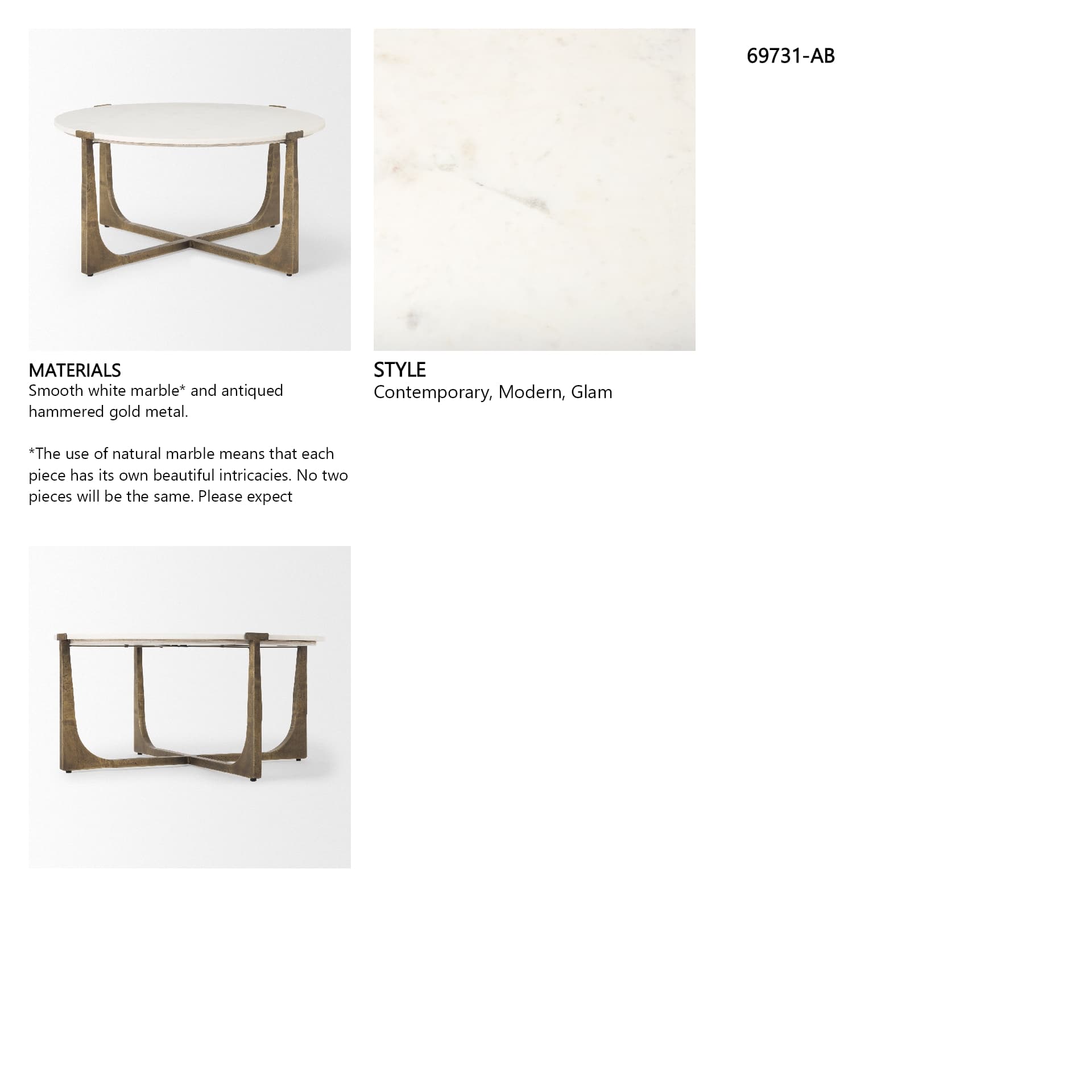 Atticus Marble and Antiqued Gold Metal Coffee Table — product photograph