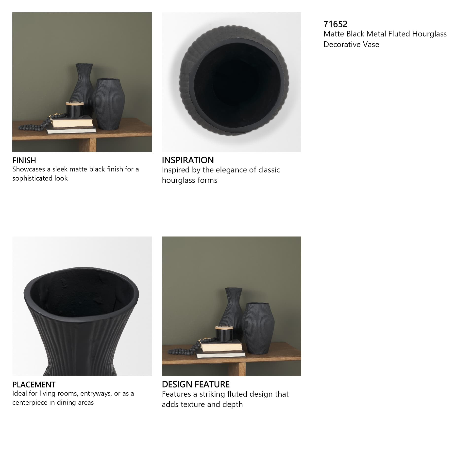 Patine Matte Black Metal Fluted Hourglass Decorative Vase — in a styled room