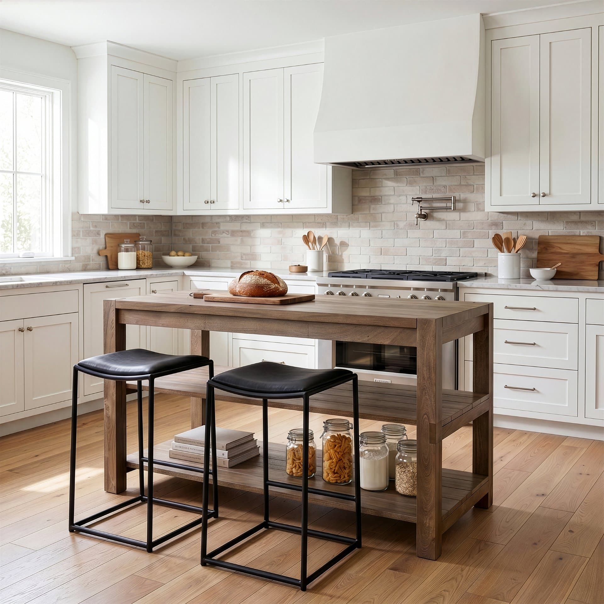 Emeril Brown Solid Wood Two-Tier Smooth Counter Top Kitchen Island — in a styled room