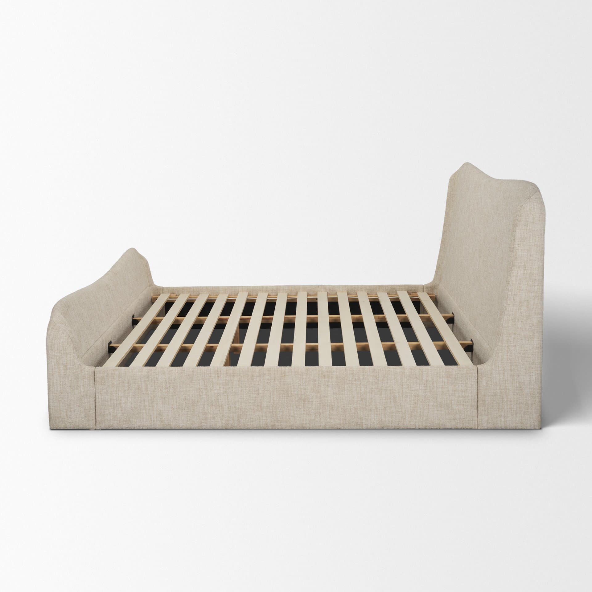 Solene King Upholstered Bedframe w/ Footbed | Curved Headboard | Oatmeal Fabric — product photograph