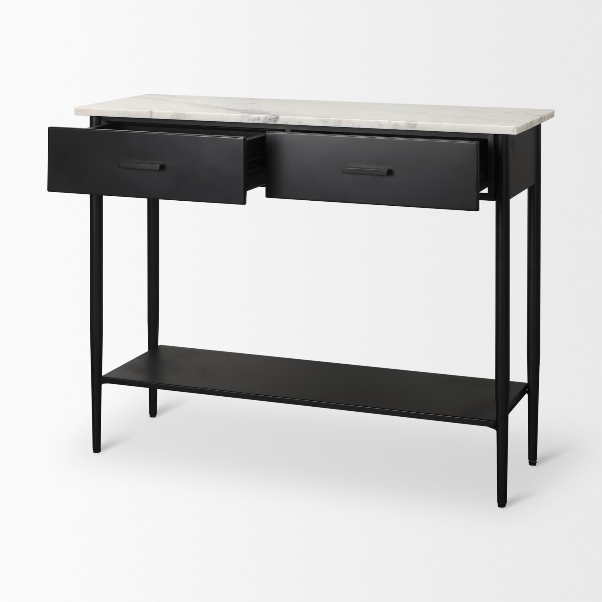 Amika White Marble Top Black Metal Base Console Table — product photograph