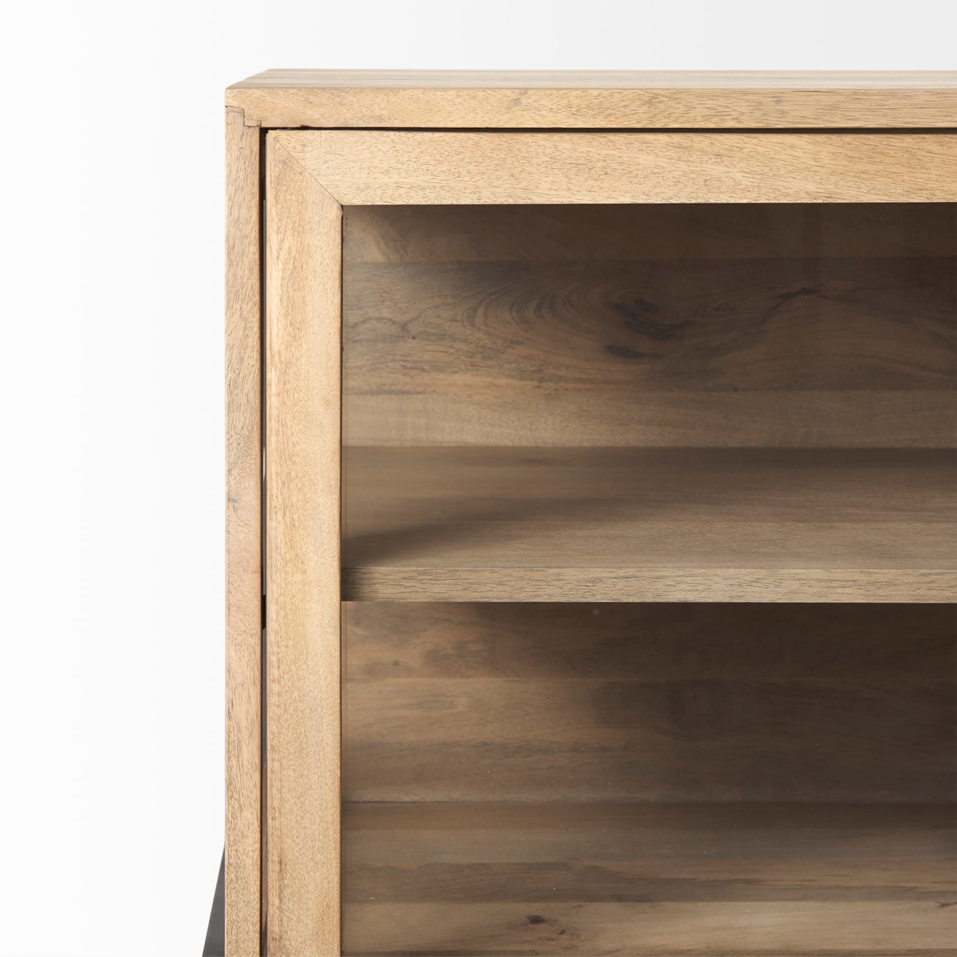 Arelius 70L x 18.75W x 32H Light Brown Wood, Black Metal Base w/ 4 Glass Cabinet Doors Sideboard — product photograph