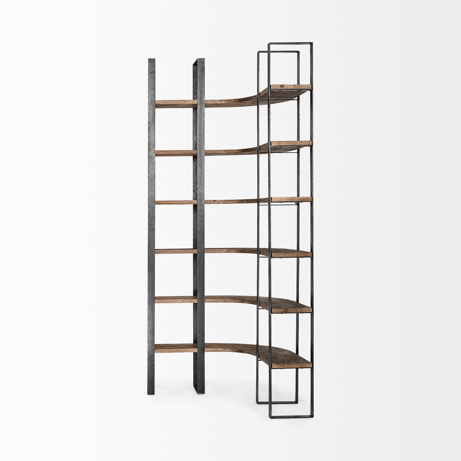 Turner II 37L x 10.5W x 90H Curved Dark Brown Wood And Black Iron Six Shelving Unit — product photograph