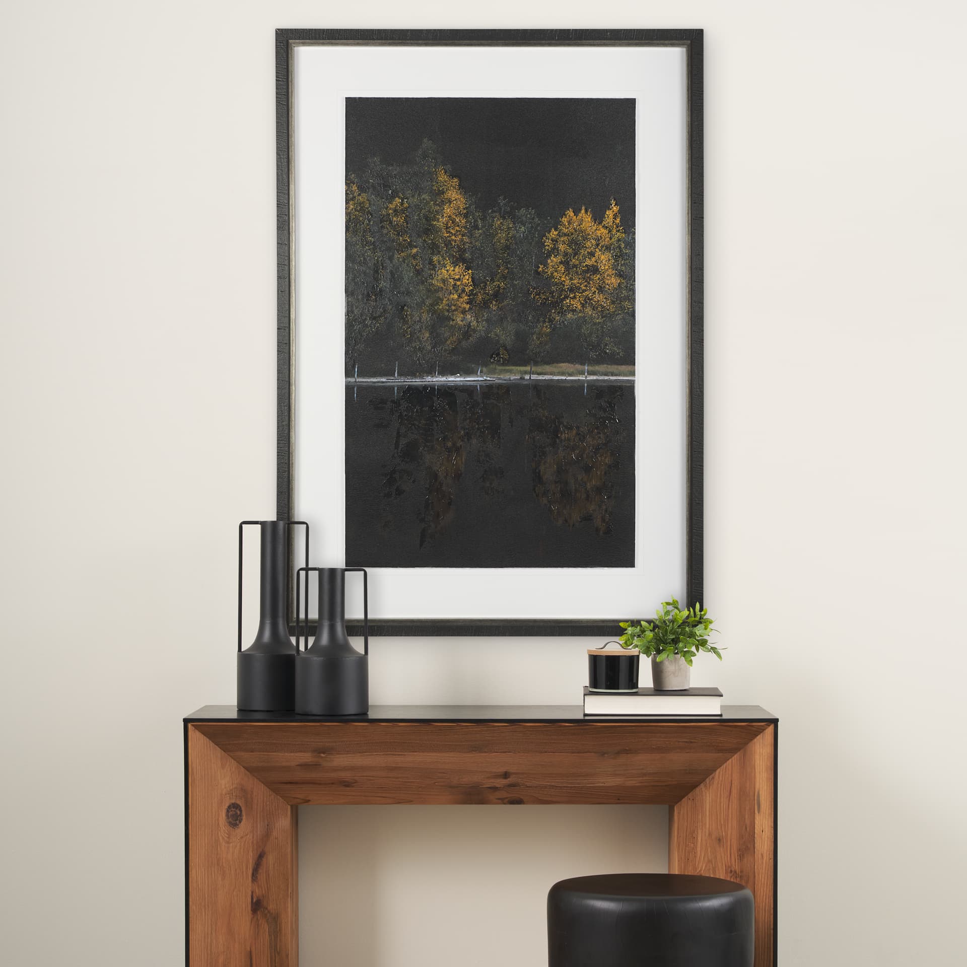 Water's Reflection-L by Chad Mackay a Hand Embellished Textured Framed Art Print Matted under Glass — in a styled room