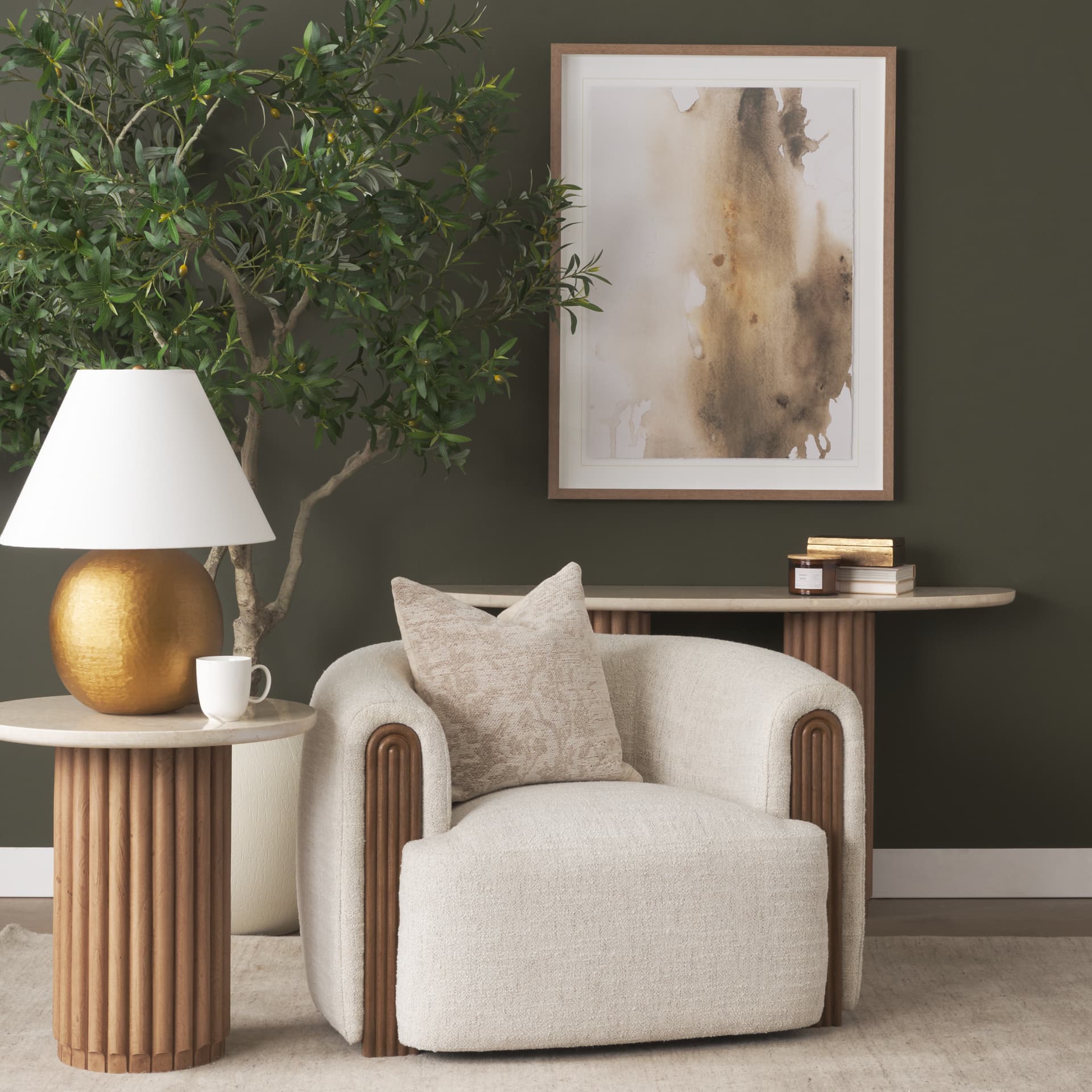 Kornelia Soft Oatmeal Fabric Barrel Accent Chair — product photograph