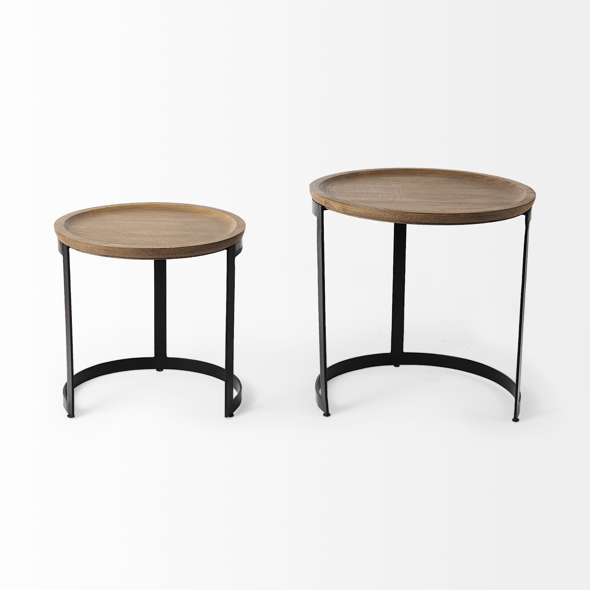 Aisley (Set of 2) 19.3L x 19.3W x 19H Light Brown Wood W/ Black Metal Base Round Nesting Side Tables — product photograph