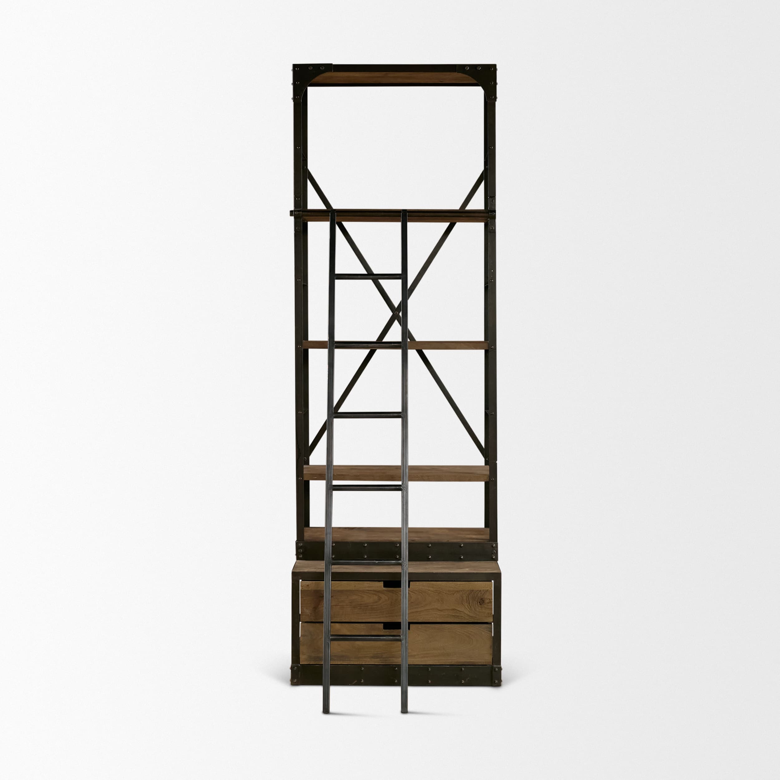 Brodie VII 32L x 22W x 94H Brown Wood Gun-Metal Bracing Four Shelf Shelving Unit — product photograph