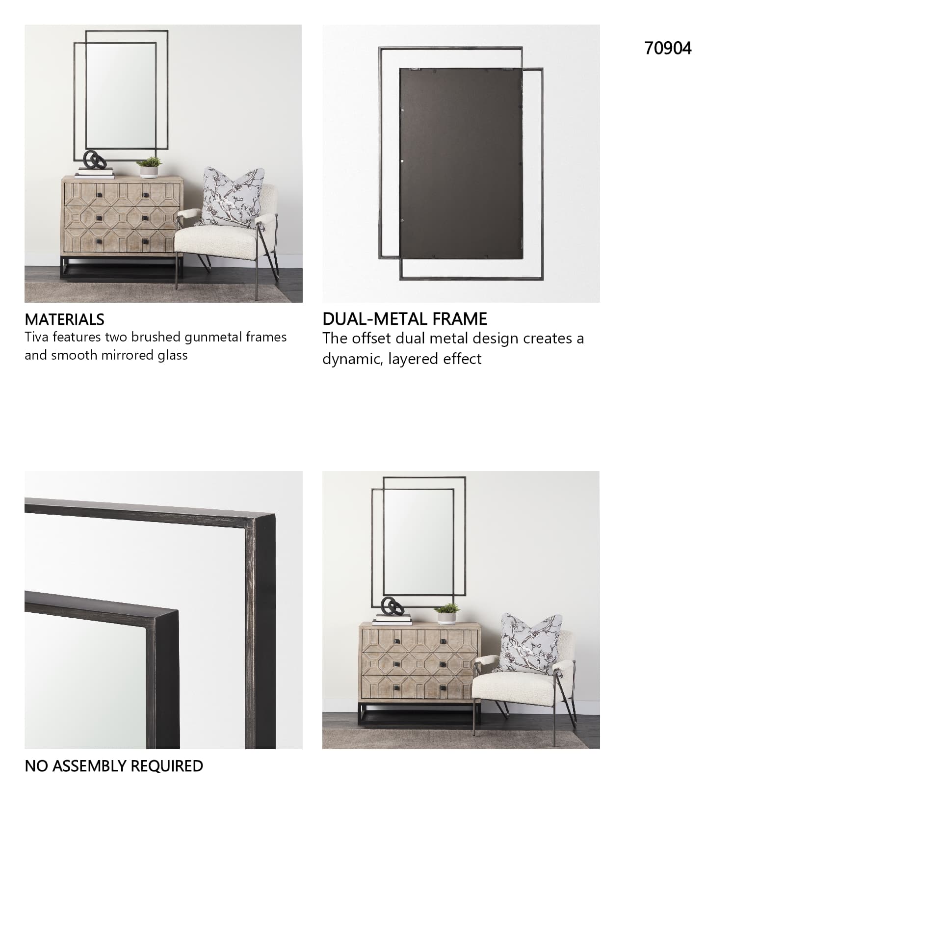 Tiva Rectangular Dual Metal Frame Gunmetal Mirror — in a styled room