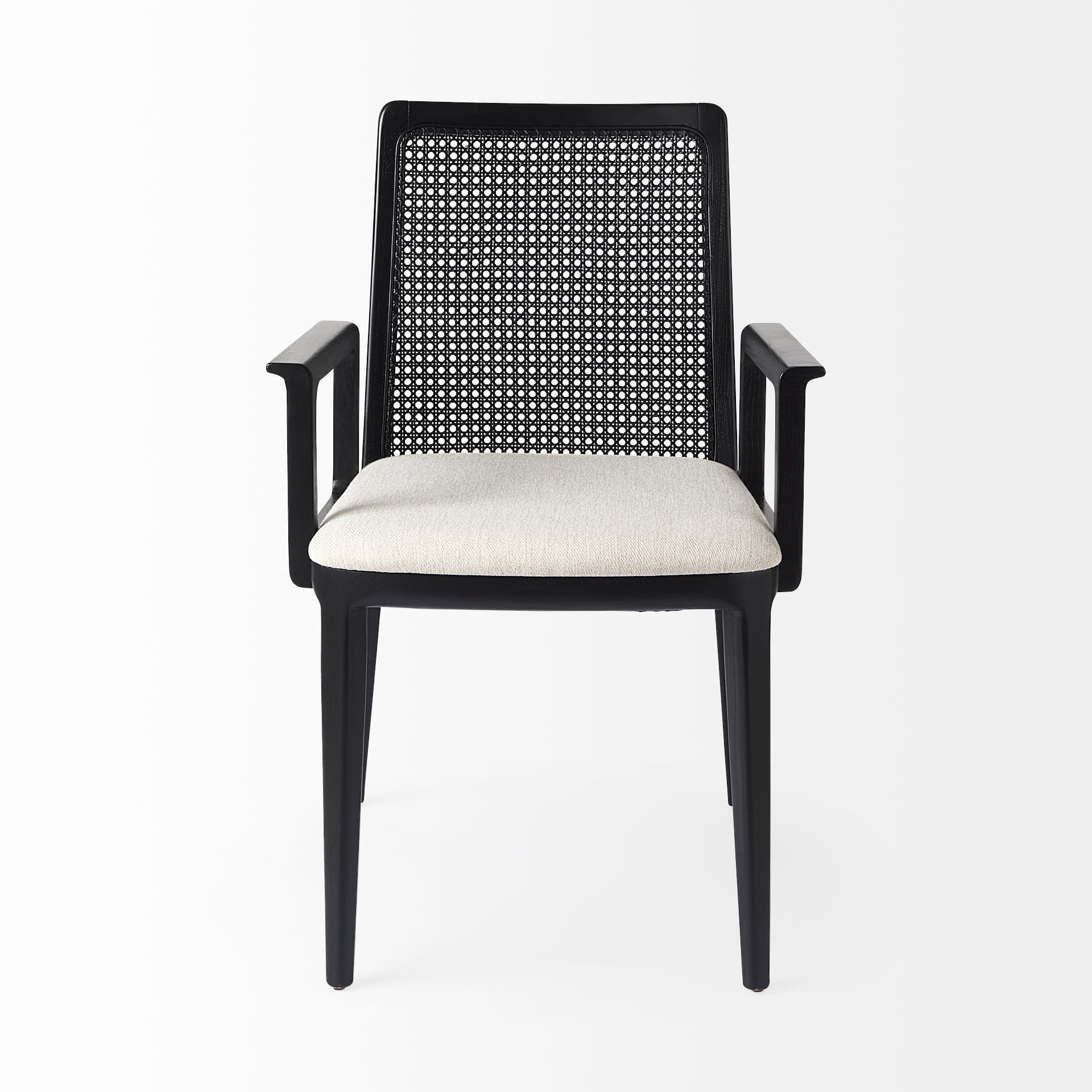 Clara Cane Back Dining Arm Chair | Cream Fabric w/ Black Wood — product photograph