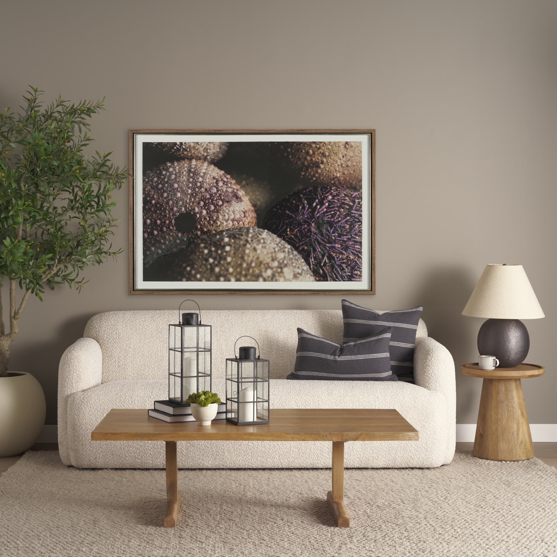 Viktor 55"L Light Brown Solid Wood Coffee Table — in a styled room