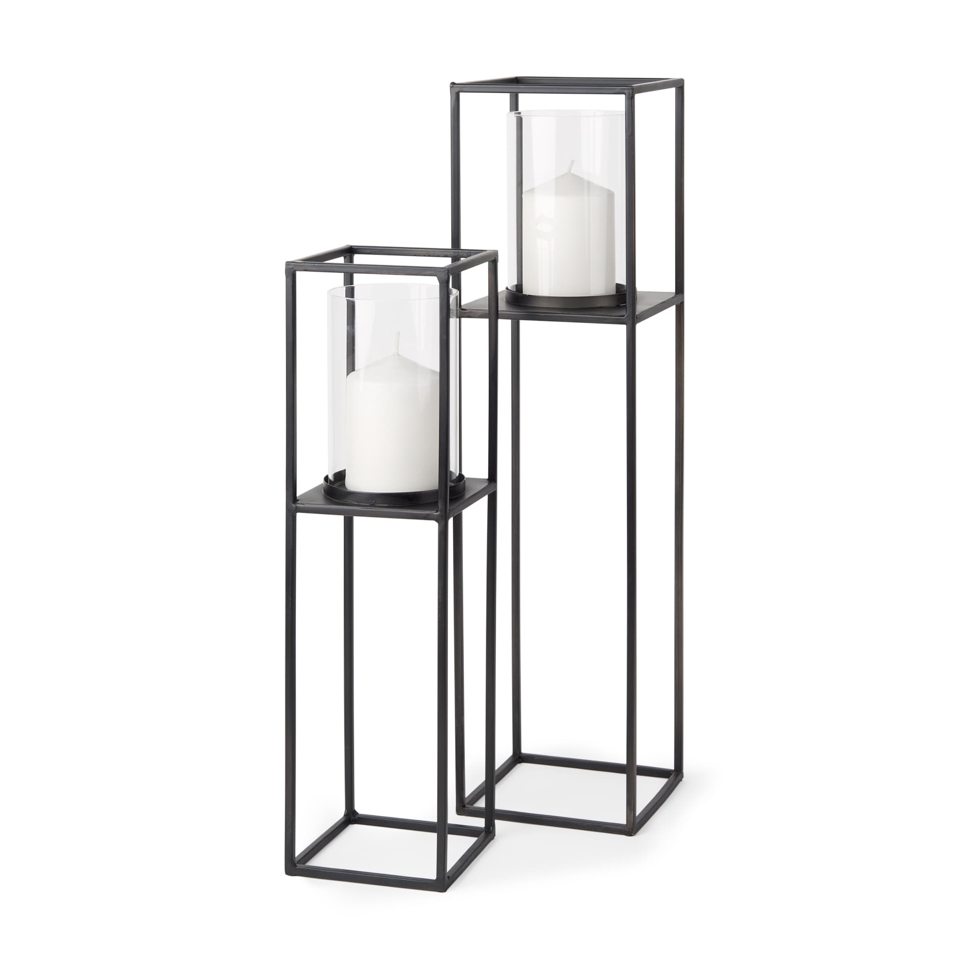 Cindy Set of 2 Matte Black Metal and Hurricane Glass Pillar Tabletop Candle Holders — product photograph