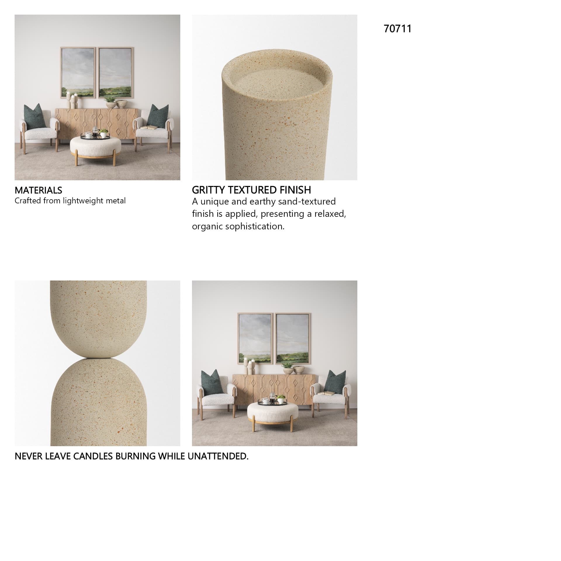 Qamra Medium Beige Textured Metal Pillar Candle Holder Candle Holder — in a styled room