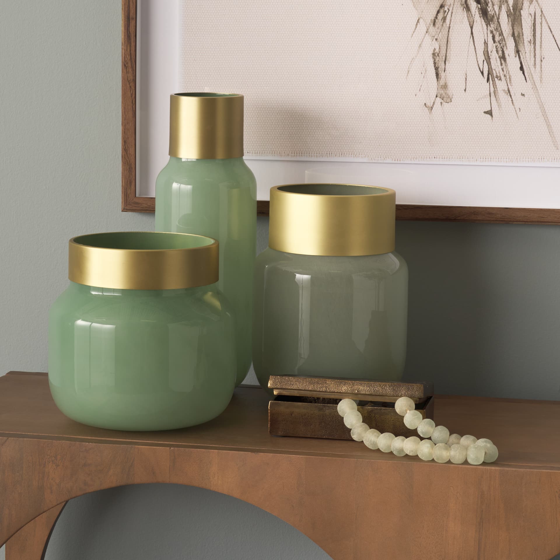 Minty 5.7L x 5.7W x 16.8H Green Glass Vase W/Matte Gold Metal Neck Cuff — product photograph