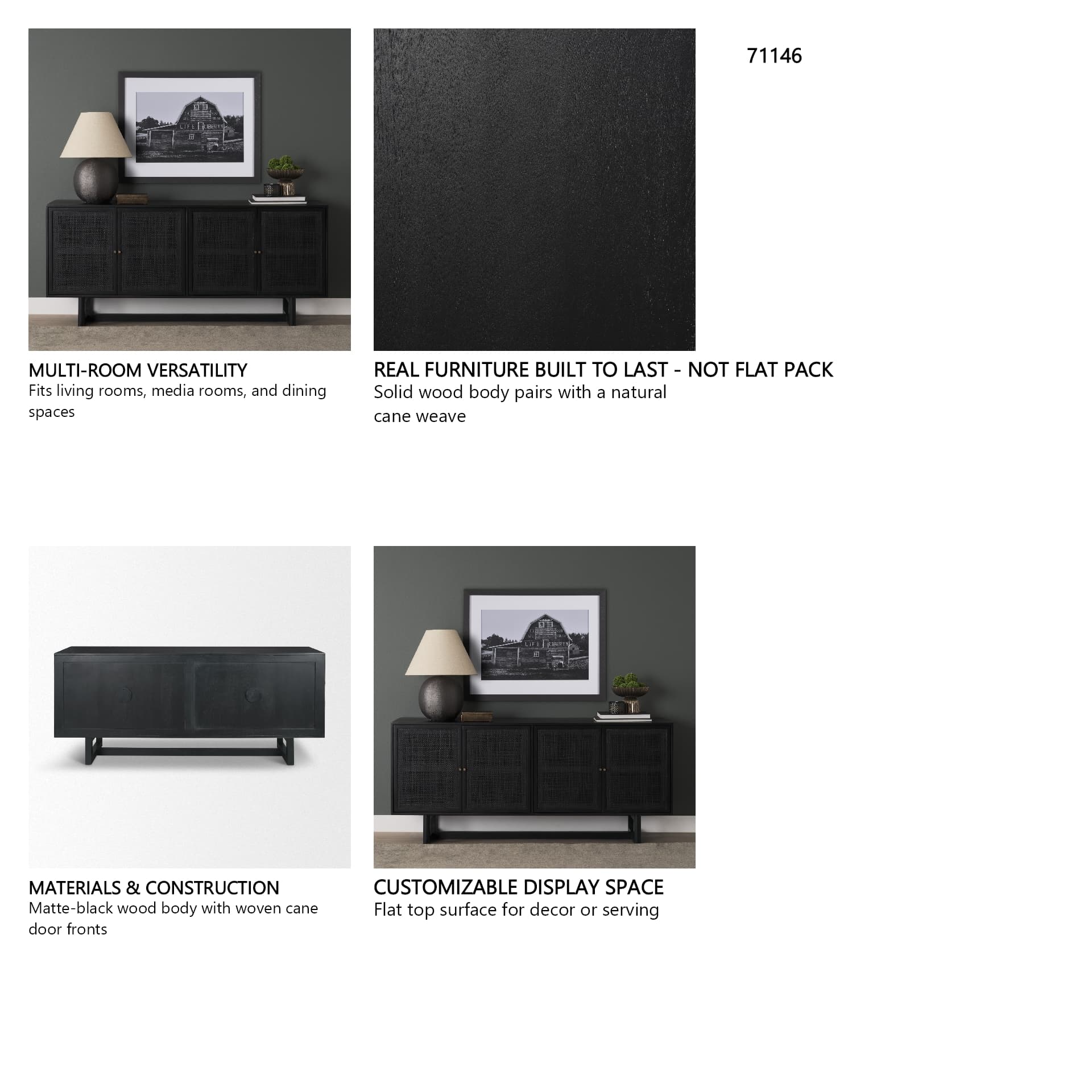 Grier 72" Black Wood W/ Black Cane Sideboard — in a styled room