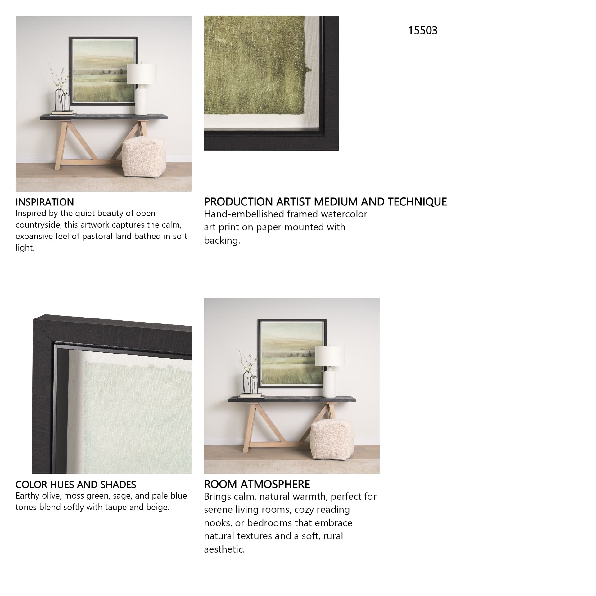 Rolling Fields I Hand Embellished Black Framed Watercolor Art Print on Paper Mounted with Backing — in a styled room