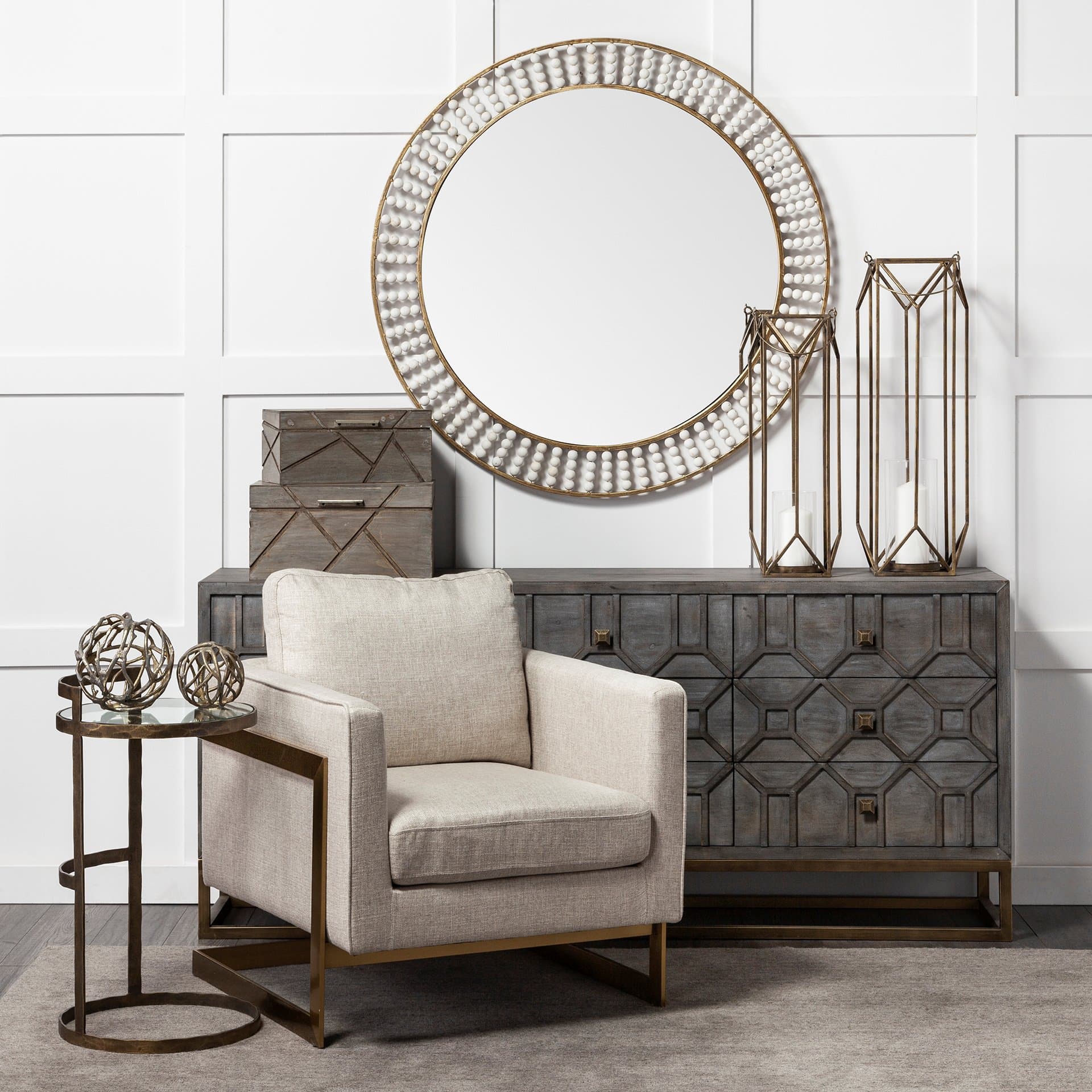 Ivy Large Gold Metal Geometric Cage Candle Holder Lantern — in a styled room