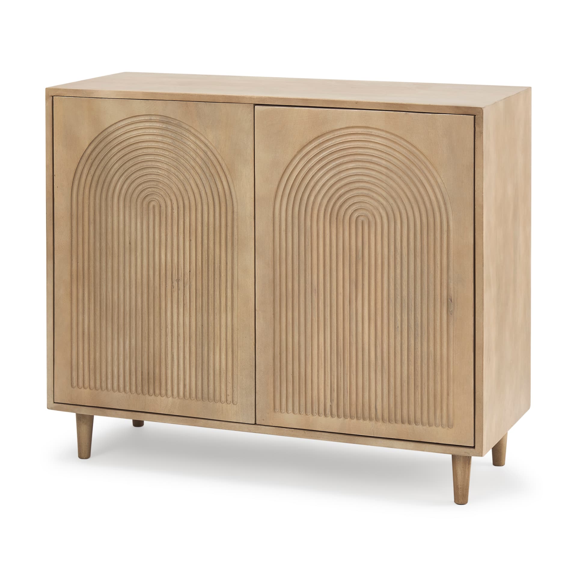Tucker Light Brown Wood w/ Carved Arch Pattern 2 Door Accent Cabinet — product photograph