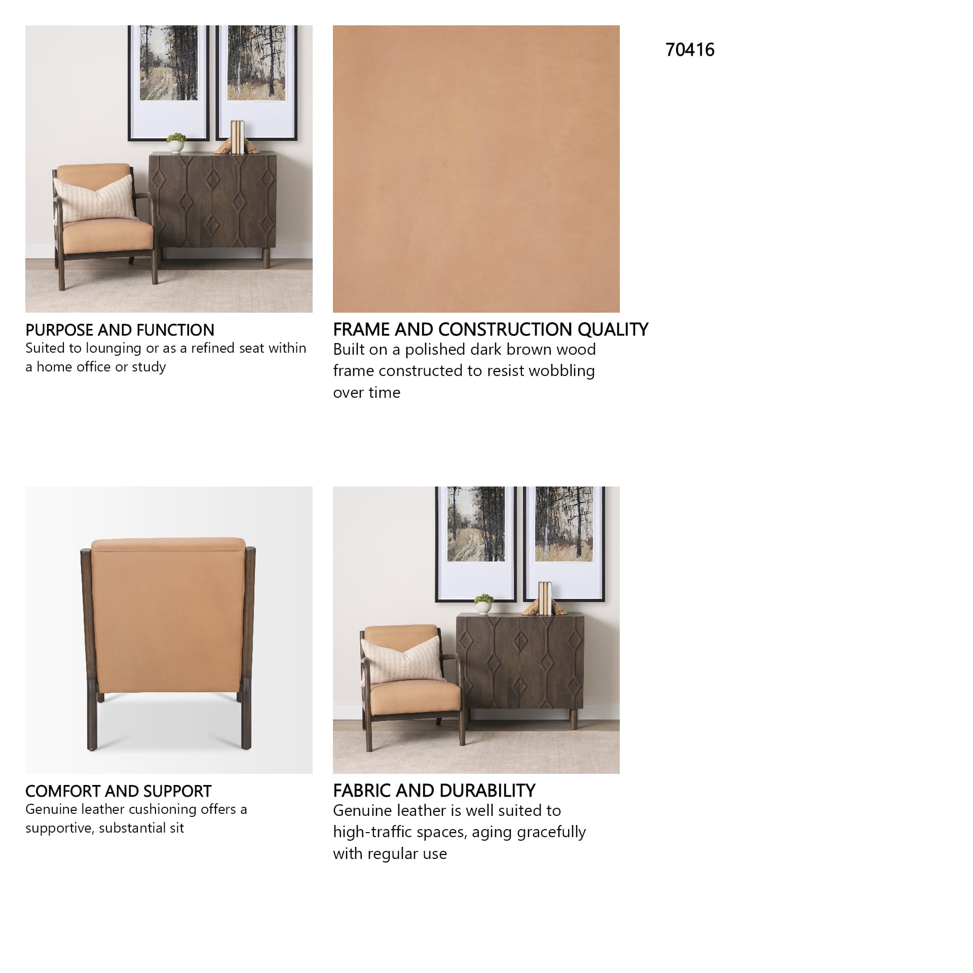 Cashel Accent Chair W/ Dark Brown Wood and Tan Genuine Leather — in a styled room