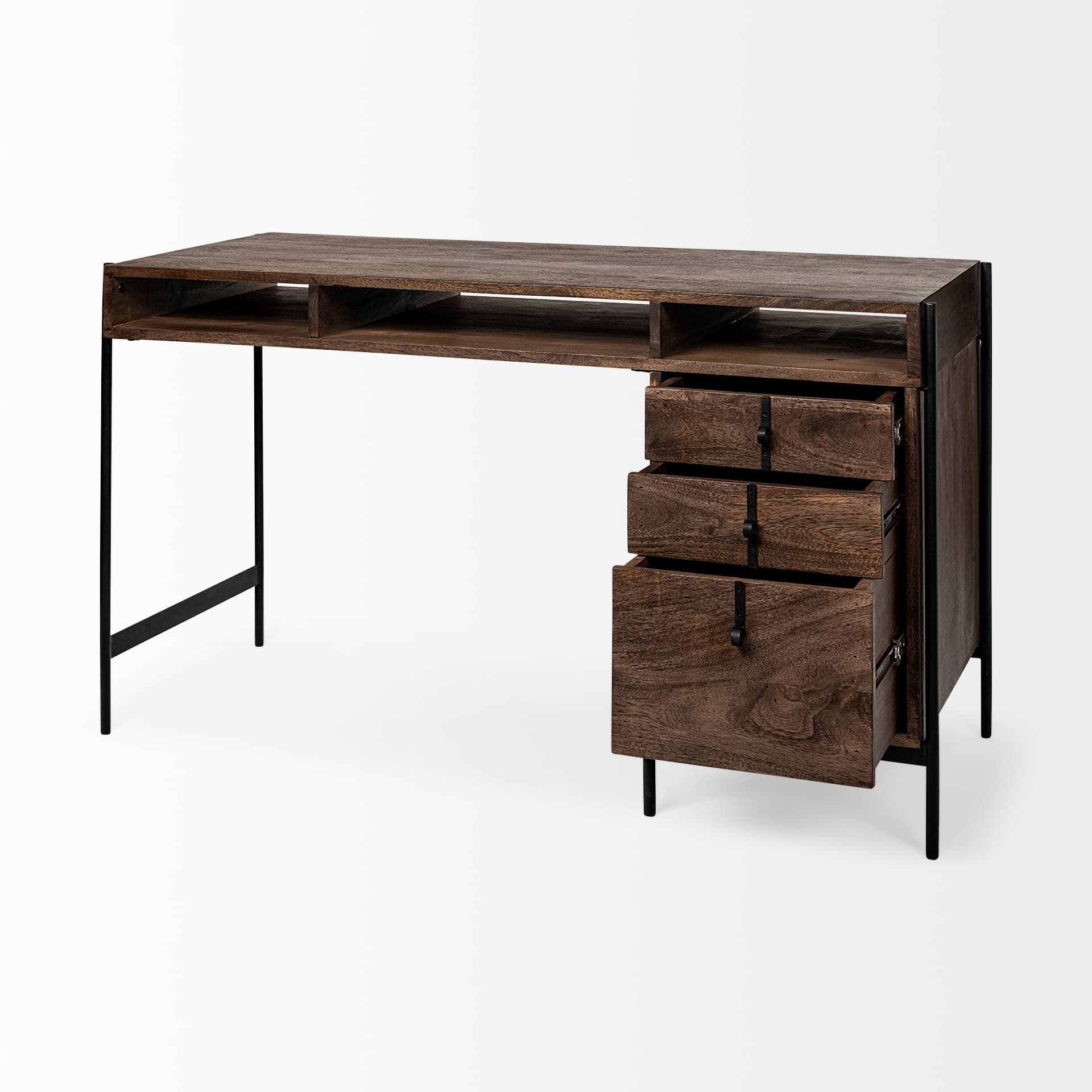 Glenn VII 56L x 22W Dark Brown Wood w/ Black Iron Frame, 3 Drawer Office Desk — product photograph