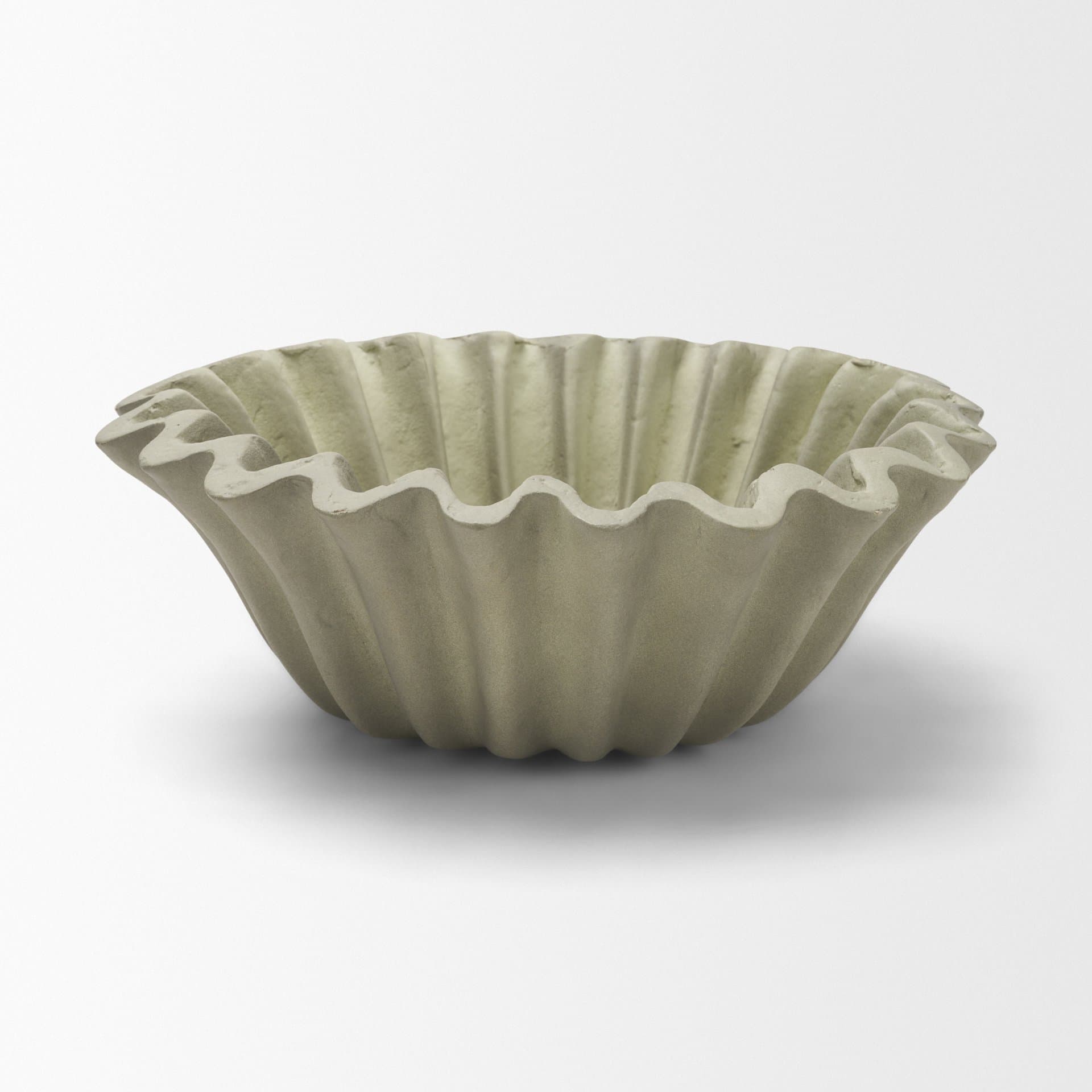 Camelia Small Fluted Sage Green Paper Mache Round Centerpiece Bowl — product photograph