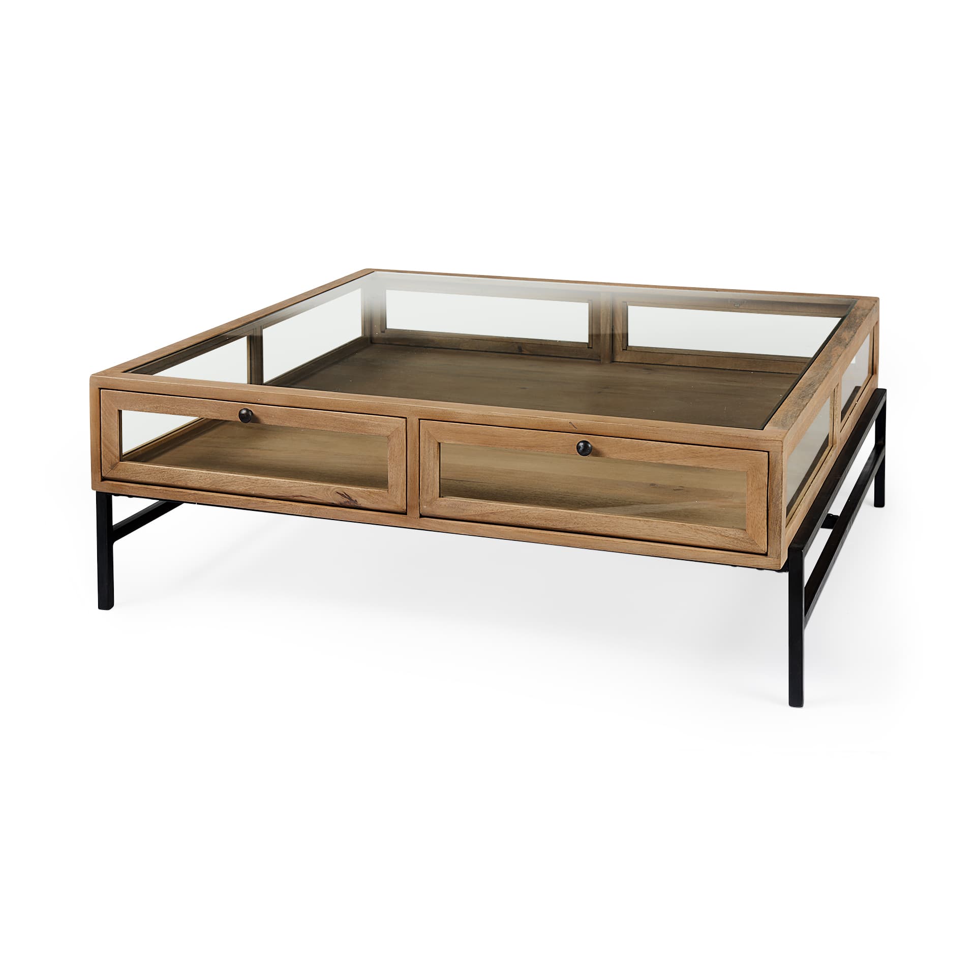 Arelius 42" Square Glass-Top Light Brown w/ Black Metal Base Display Coffee Table — product photograph
