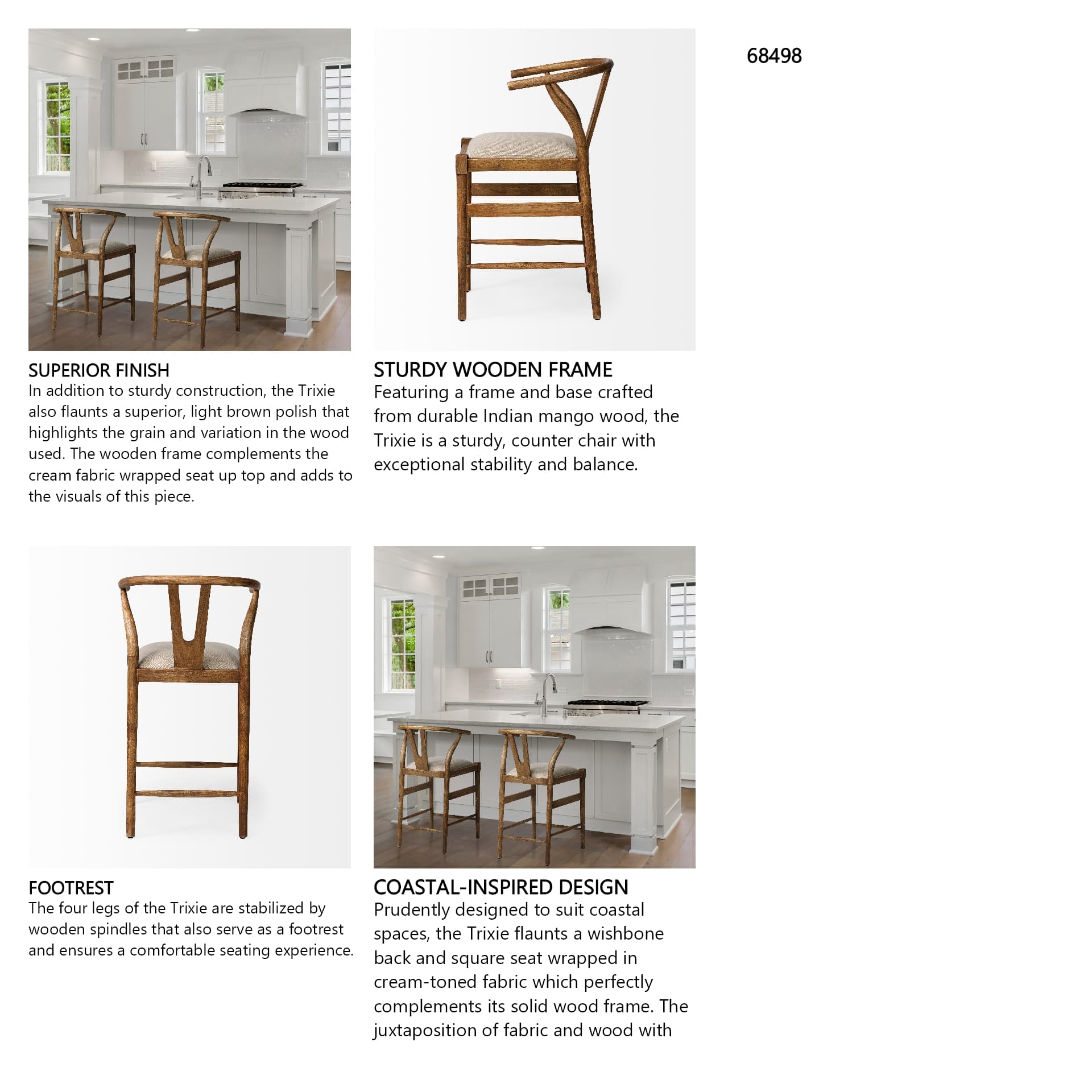 Trixie Backless 37in Seat Counter Stool | Cream Fabric w/ Brown Wood — product photograph