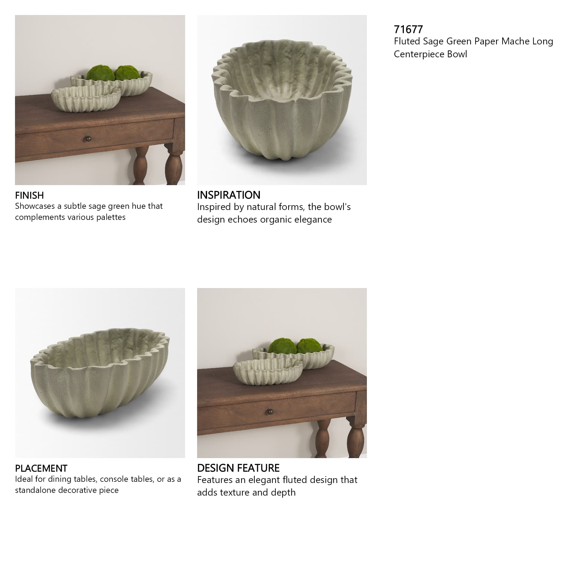 Camelia Fluted Sage Green Paper Mache Long Centerpiece Bowl — in a styled room