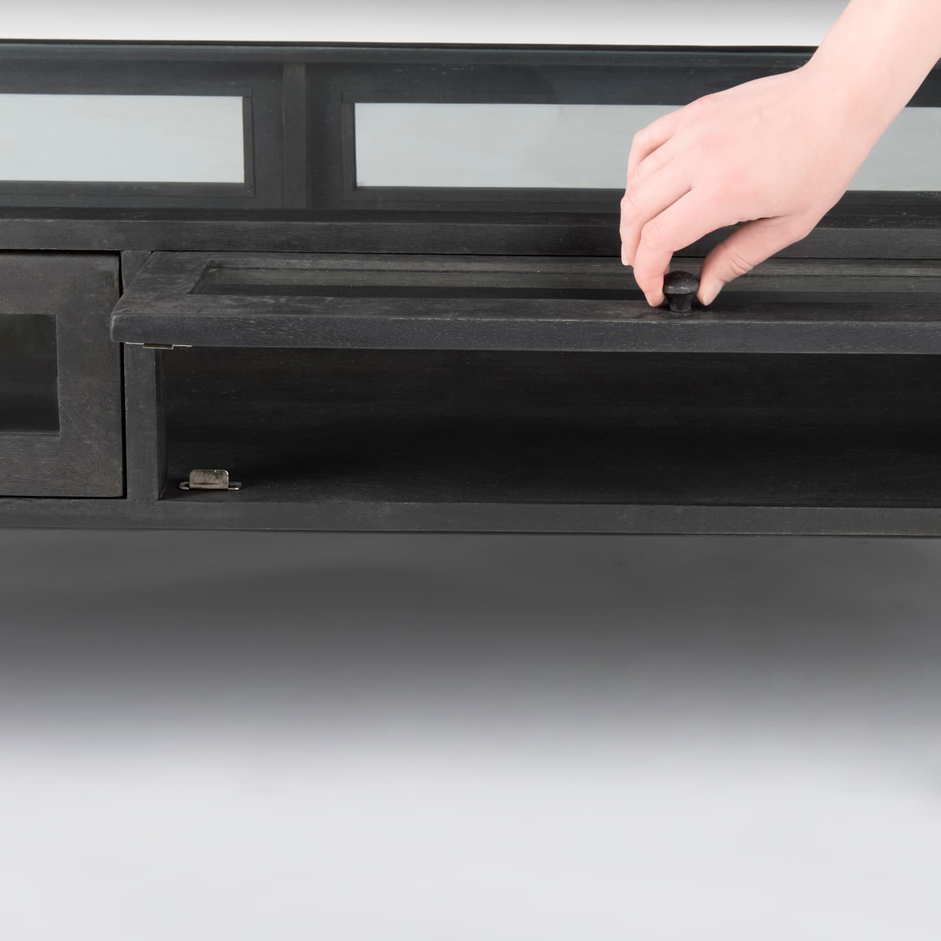 Arelius 49.5"L Rectangular Glass-Top Black-Brown Wood w/ Black Metal Base Display Coffee Table — product photograph