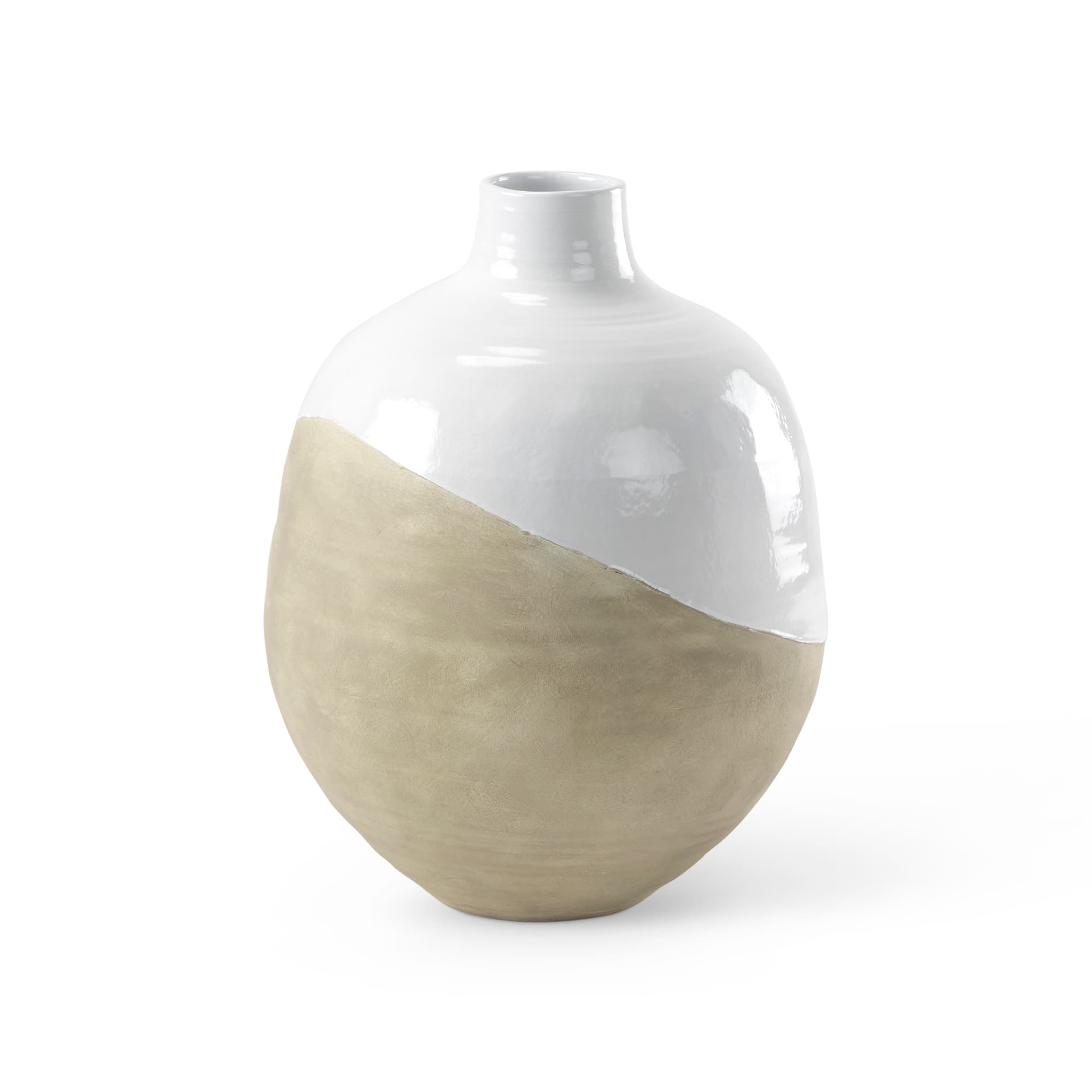 Amos 18.5L x 18.5W x 24.4H White and Dark Beige Color Blocked Ceramic Floor Vase — product photograph