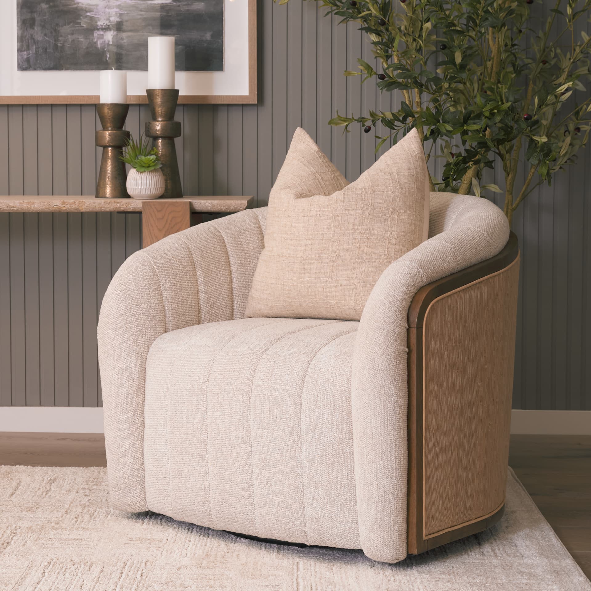 Fonda Cream Fabric w/ Natural Jute Swivel Accent Chair — product photograph
