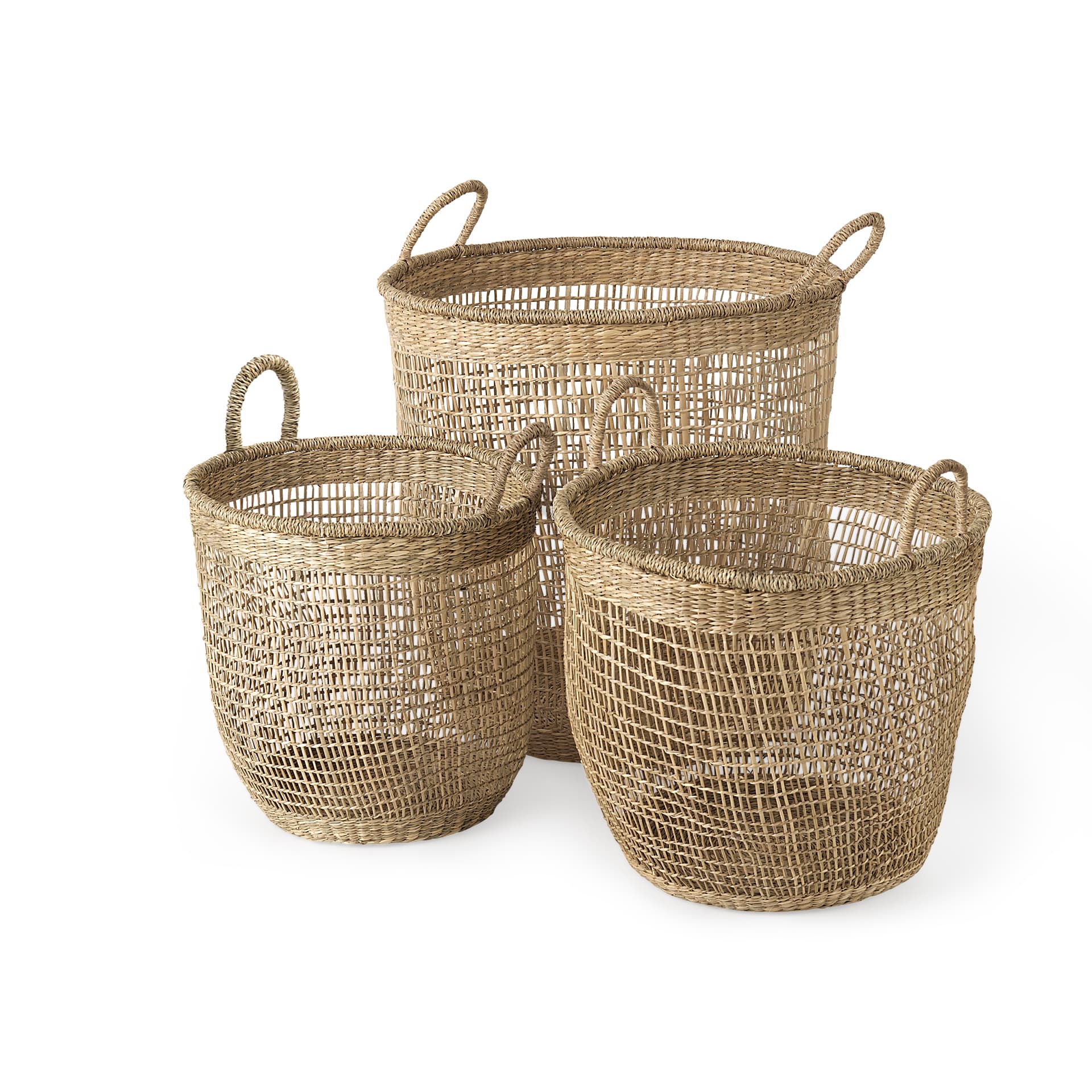 Bowie 19.7L x 19.7W x 19.7H (Set of 3) Medium Brown Seagrass Round Basket W/ Handles — product photograph