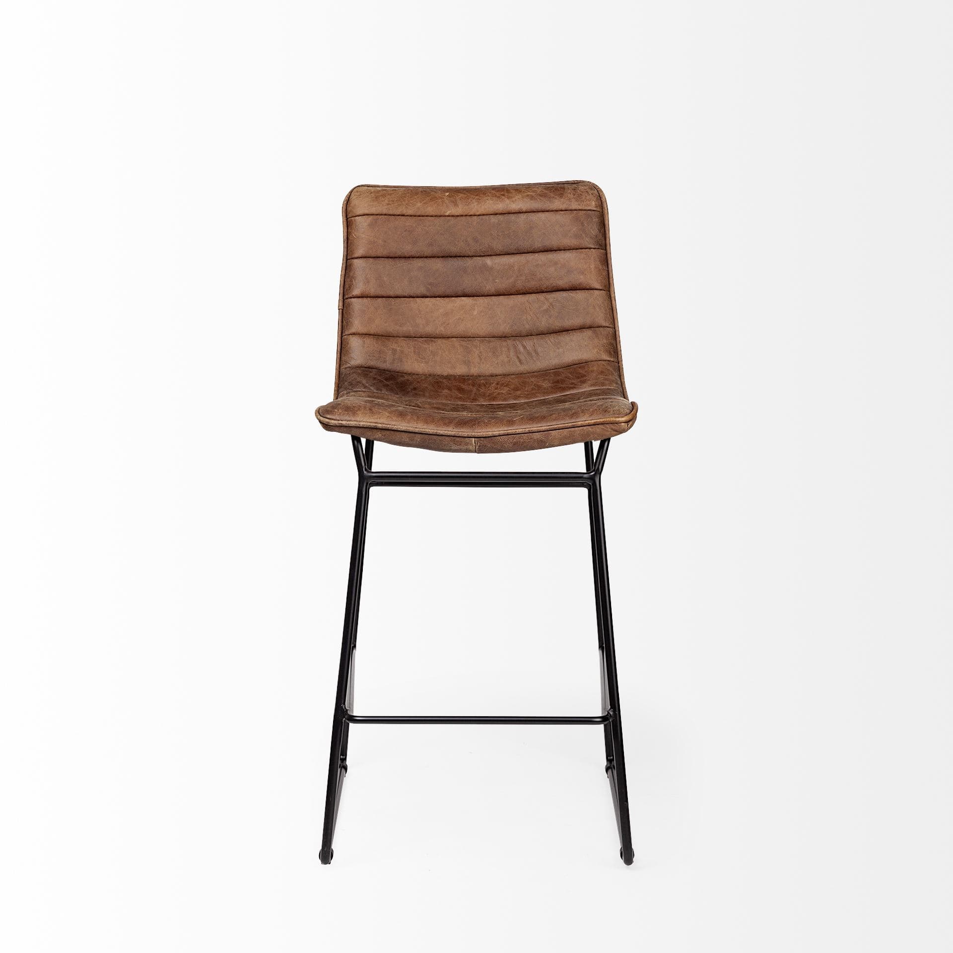 Meritt Low Back 37.8in Seat Counter Stool | Brown Leather w/ Metal — product photograph