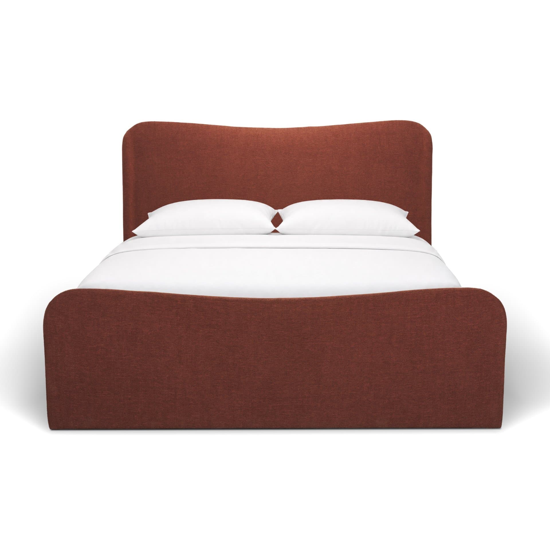 Solene King Upholstered Bedframe w/ Footbed | Curved Headboard | Burgundy Fabric — product photograph