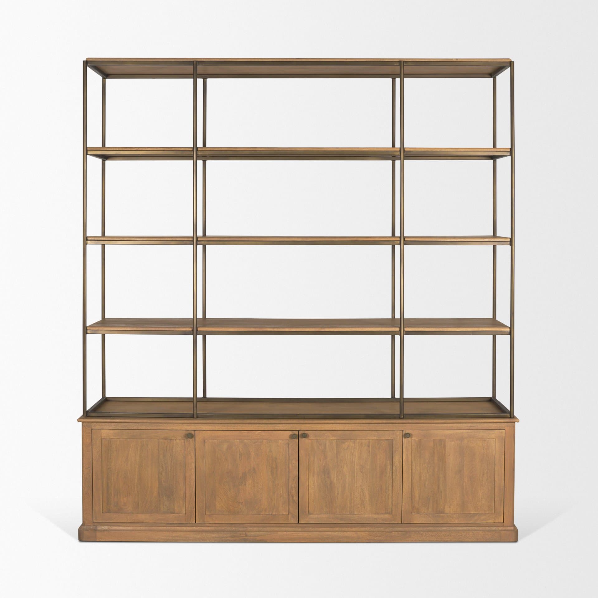 Baron 4-Door Light Brown Wood w/ Gunmetal Open Shelving Unit — product photograph