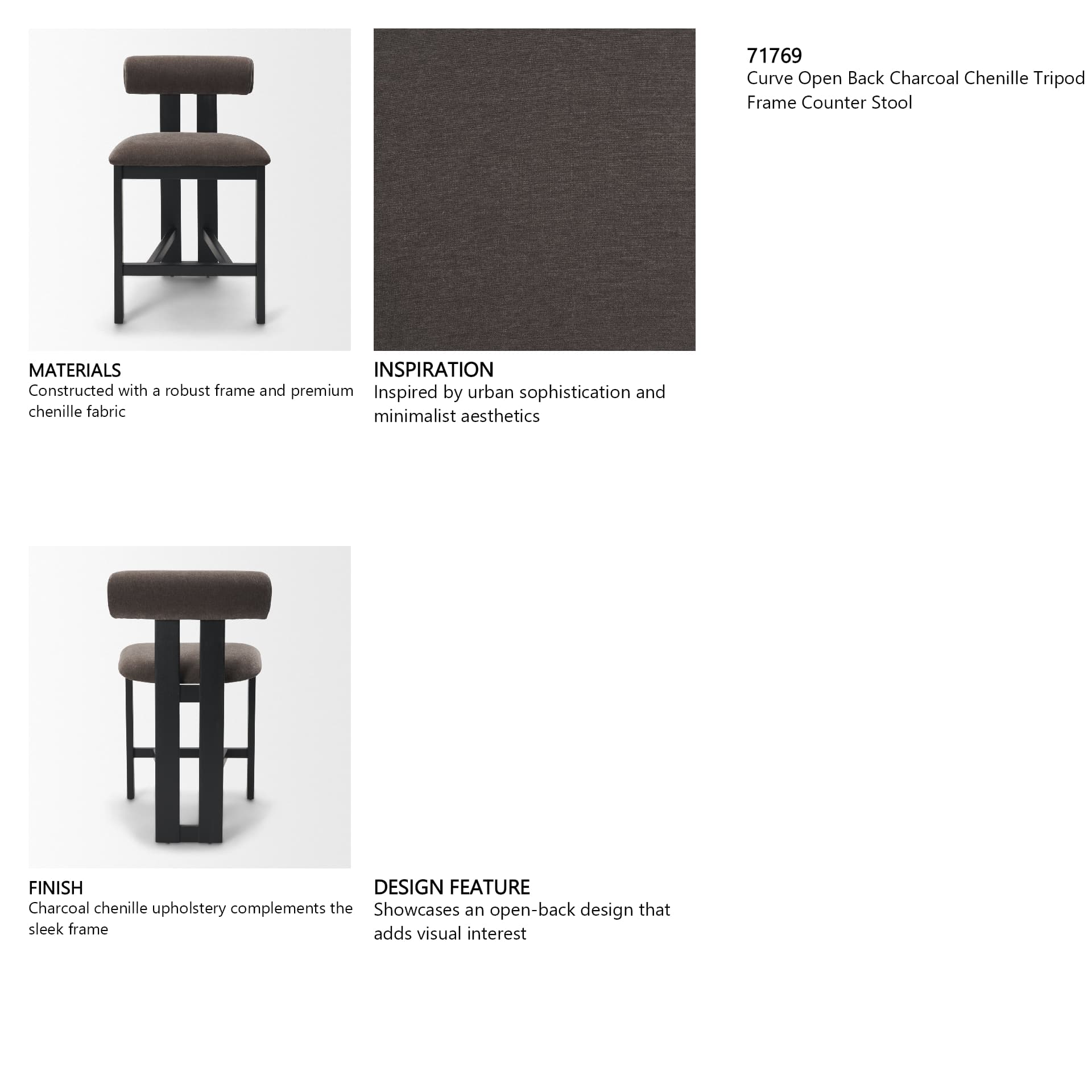 Tribeca Open Back 36.5in Seat Counter Stool | Charcoal Fabric w/ Wood — product photograph